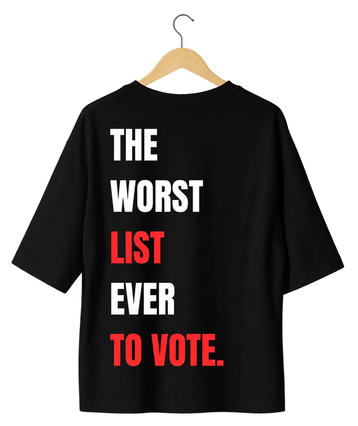 Maglietta nera, vista retro, con la scritta The worst list ever to vote